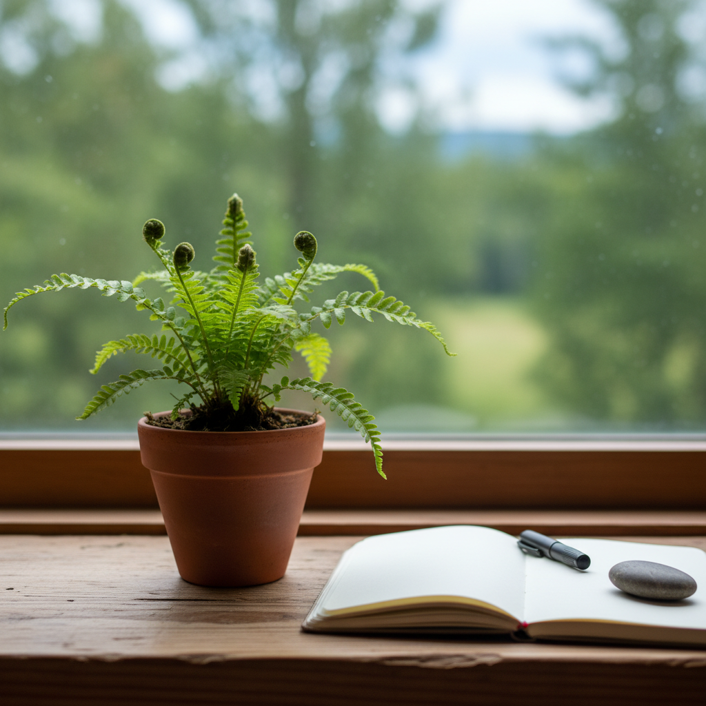 A close-up scene of a small potted fern with delicate, vibrant green fronds, placed on a natural wood windowsill in a quiet counselling space. Outside the slightly blurred window, an abstract view of trees and sky suggests a peaceful natural environment. Soft, overcast daylight diffuses through the glass, highlighting the fern’s intricate leaves and the subtle grain of the wood. In the foreground, an open, blank notebook with a smooth cream page lies beside a simple pen and a single polished pebble. Photographic realism, with a shallow depth of field and rule-of-thirds composition, conveying growth, self-understanding, and gentle contemplation.